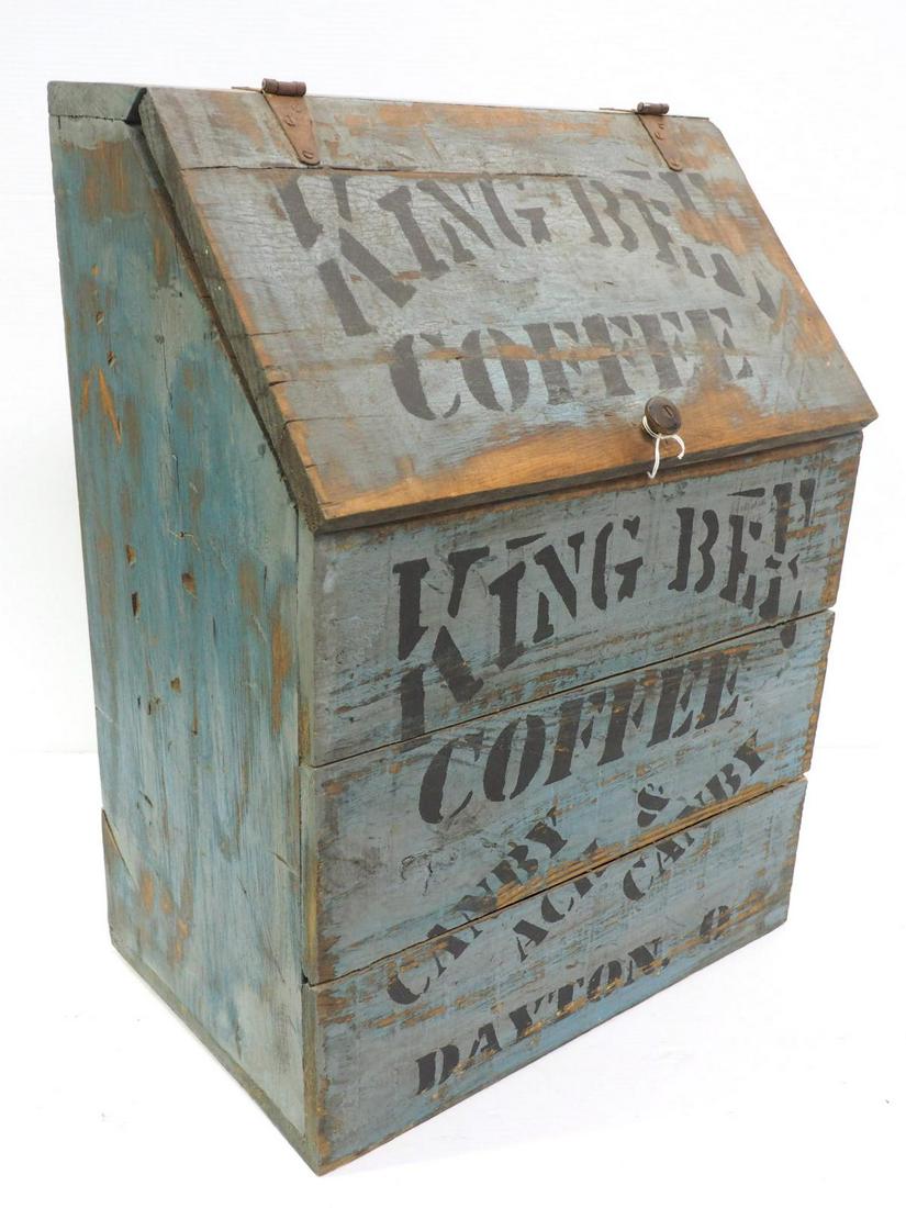 King Bee coffee bin with good original paint: 18"x12"x25" King Bee coffee bin with good original paint, hard to find in blue color!