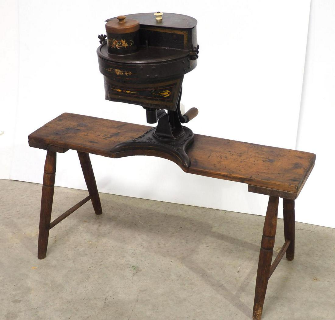 Cast iron Enterprise vegetable cutter: Cast iron Enterprise vegetable cutter mounted on wooden bench, 33"x36"H -With original stenciling - This lot will be delivered to the local UPS store for professional packaging.