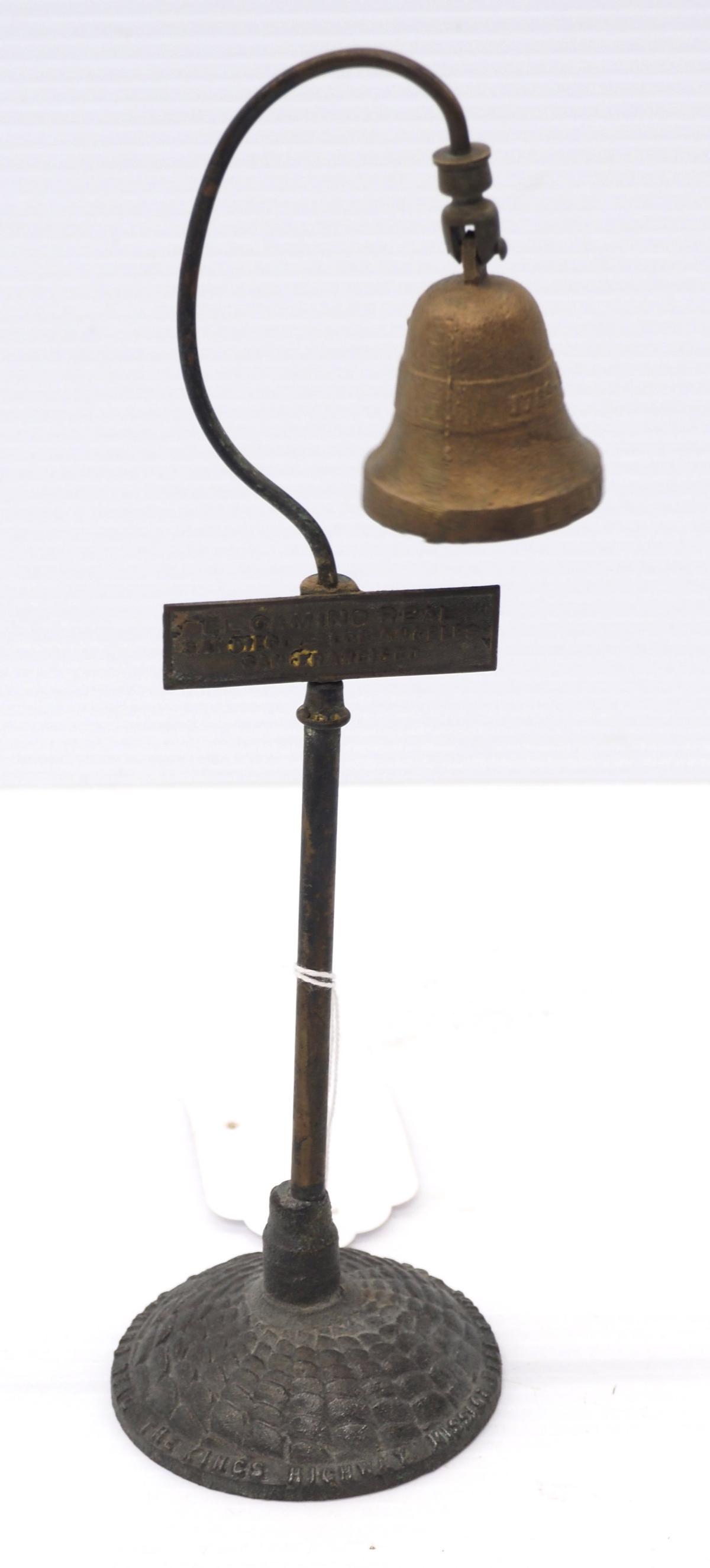 "El Camino Real" brass bell on pole: "El Camino Real Sandiego - Los Angeles - San Francisco" brass bell on pole, bell marked 1759-1915, base inscription says "The Kings Highway Mission Bell Guide Post Marking El Camino Real"