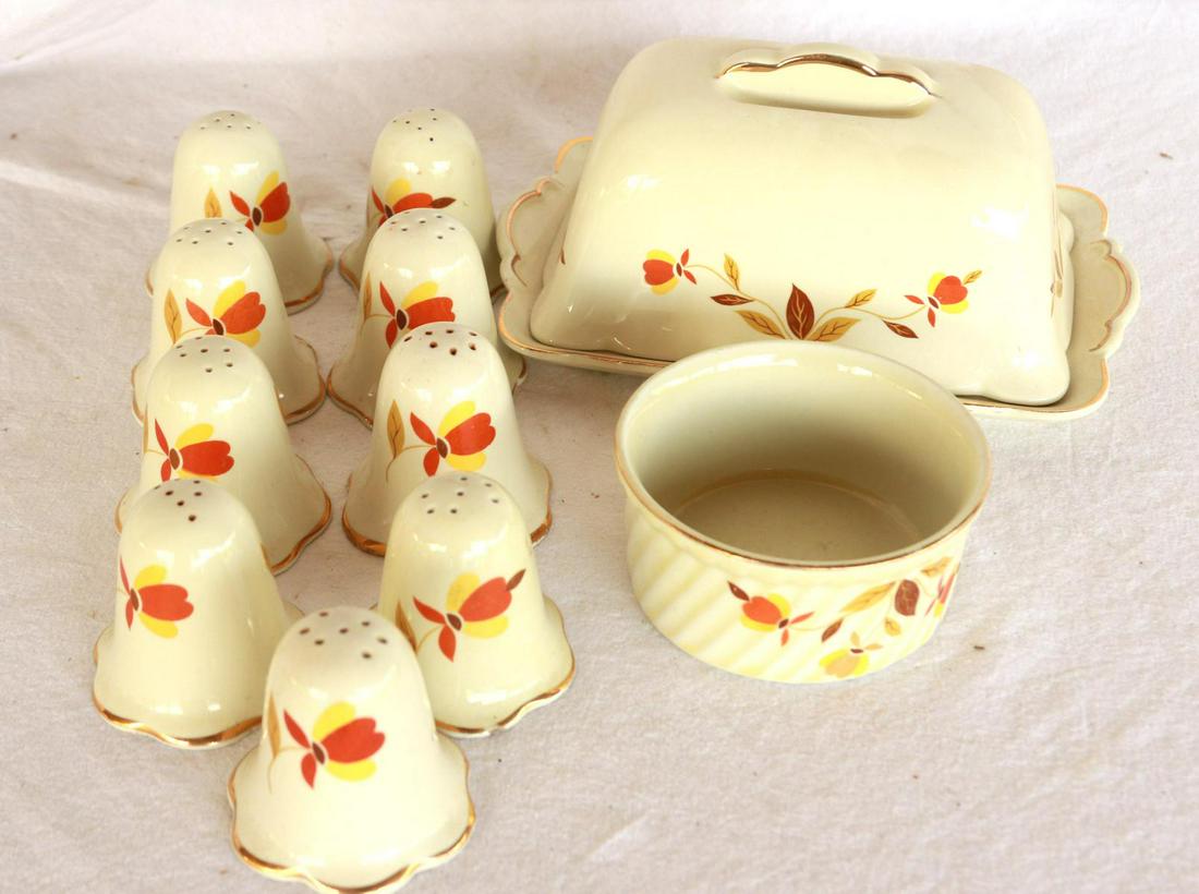 Autumn Leaf Dishes: Hall Jewel T Autumn Leaf / Covered Butter Dish / 9 Salt / Pepper Shakers / 3" Bowl