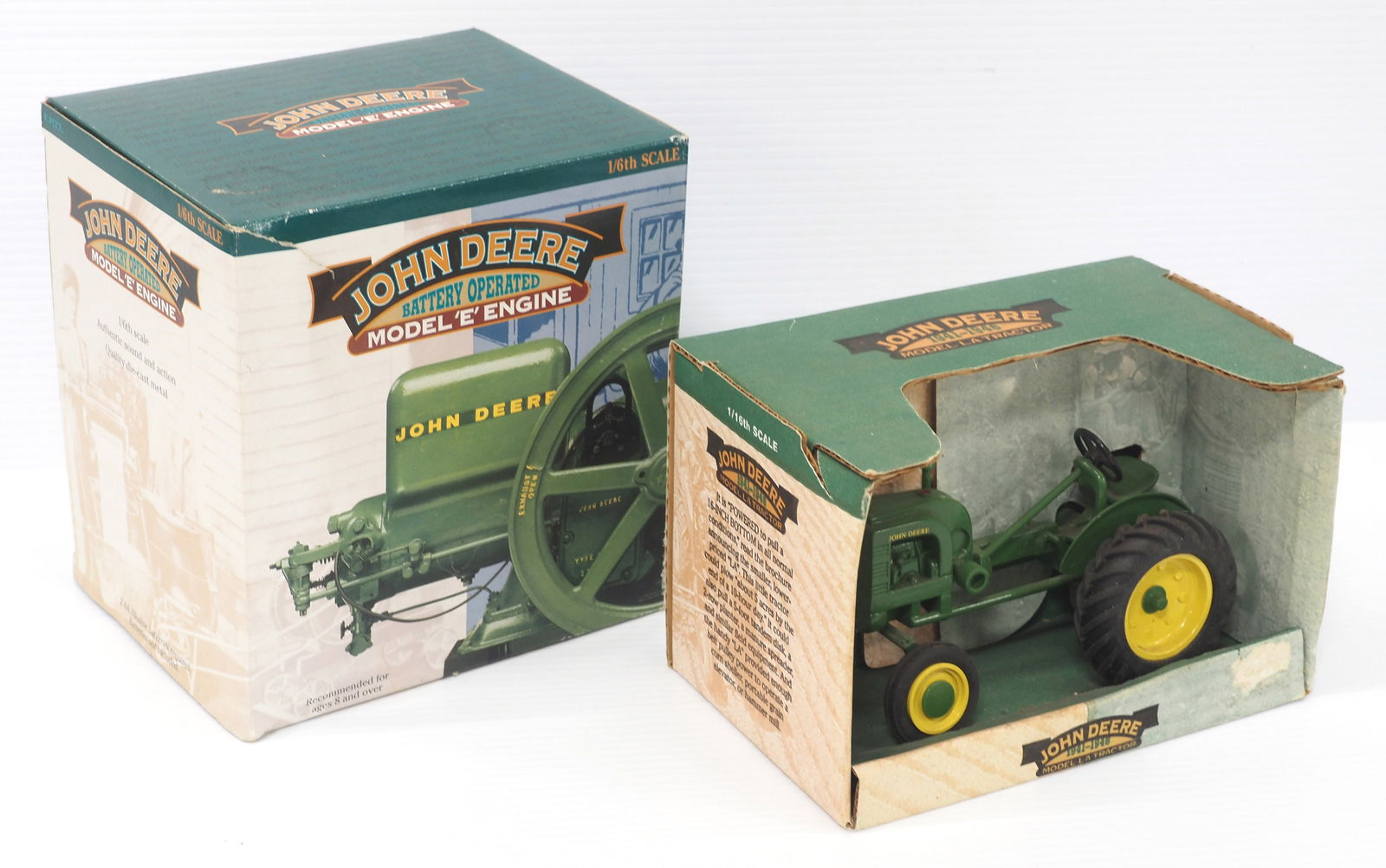 (2) John Deere Tractors: SpecCast 1/16 Scale John Deere 1941-1946 Model LA Tractor-NIB / Ertl 1/16 scale John Deere battery operated Model 'E' Engine - NIB