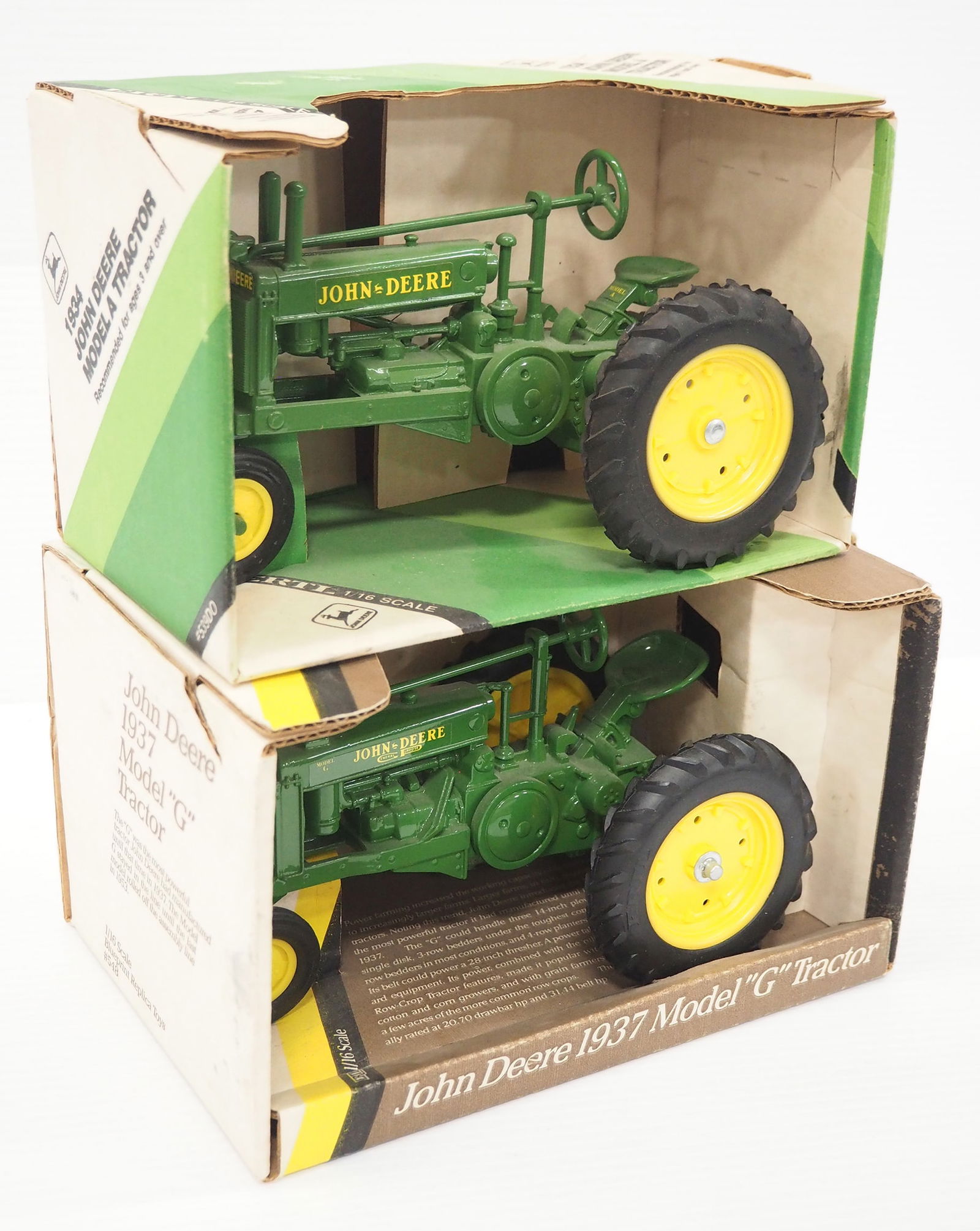 (2) Ertl John Deere Tractors: Ertl 1/16 scale John Deere 1937 Model G Tractor / Ertl 1/16 scale 1934 John Deere Model A Tractor - NIB