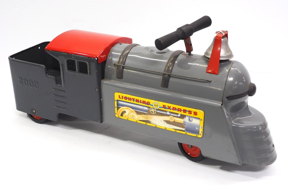 Marx Lightning Express sit & ride locomotive: Marx Lightning Express pressed steel sit & ride locomotive, 27"L -Very Good original