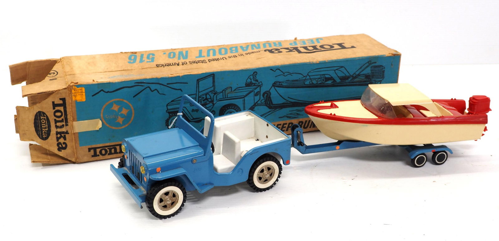 Tonka No.516 Jeep Runabout: Tonka No.516 Jeep Runabout with boat, trailer and original box -Very Good