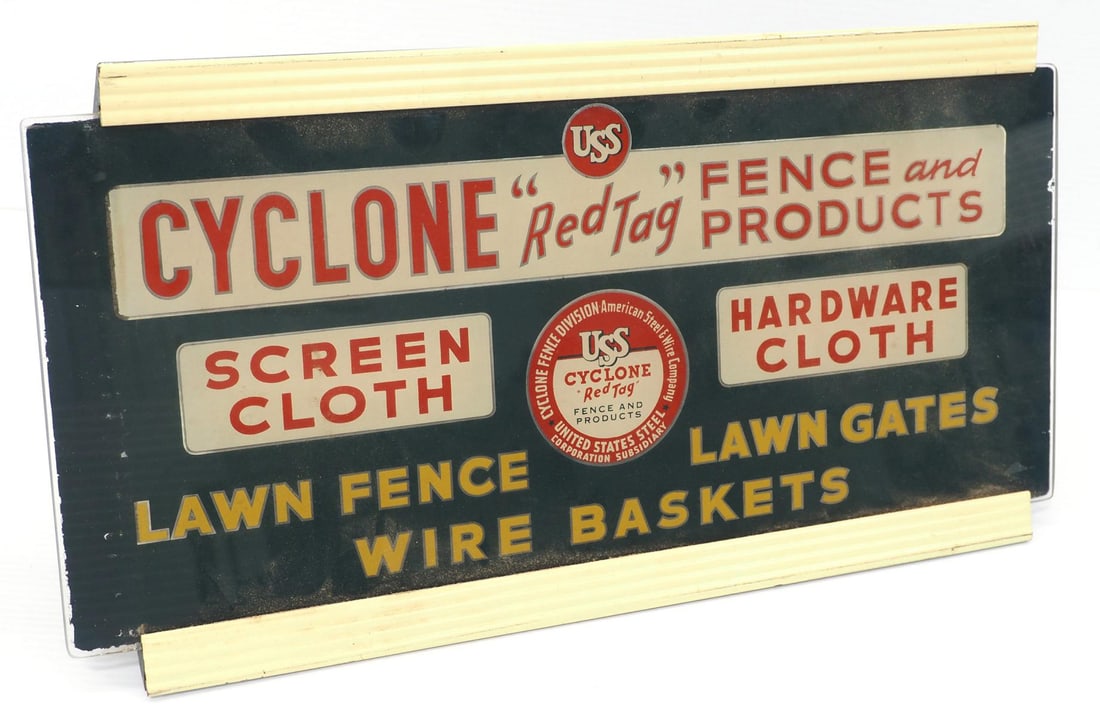 Lighted Cyclone Fence Products sign: 20"x10" glass & metal, lighted Cyclone "Red Tag" Fence Products sign ***This lot will be delivered to the local UPS store for professional packaging.