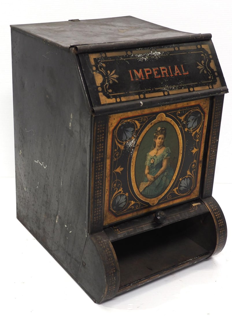 Fancy, tin roll-front tea canister: Fancy, tin roll-front tea canister with nice stencilling, 19"x12"x16" -Excellent original