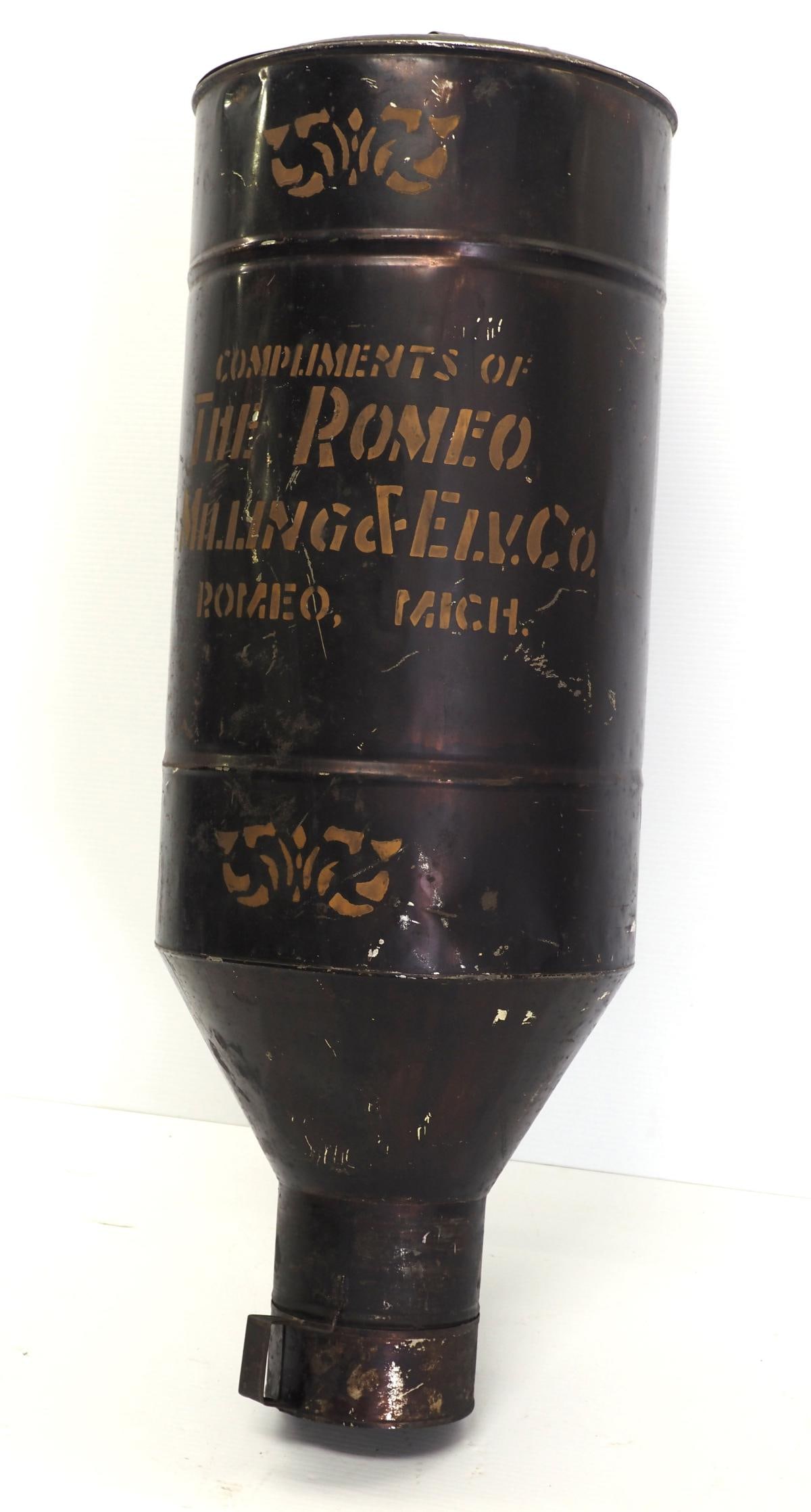 Metal flour dispenser: 30"H metal flour dispenser from The Romeo Milling & Elv. Co., Romeo, MI -Good