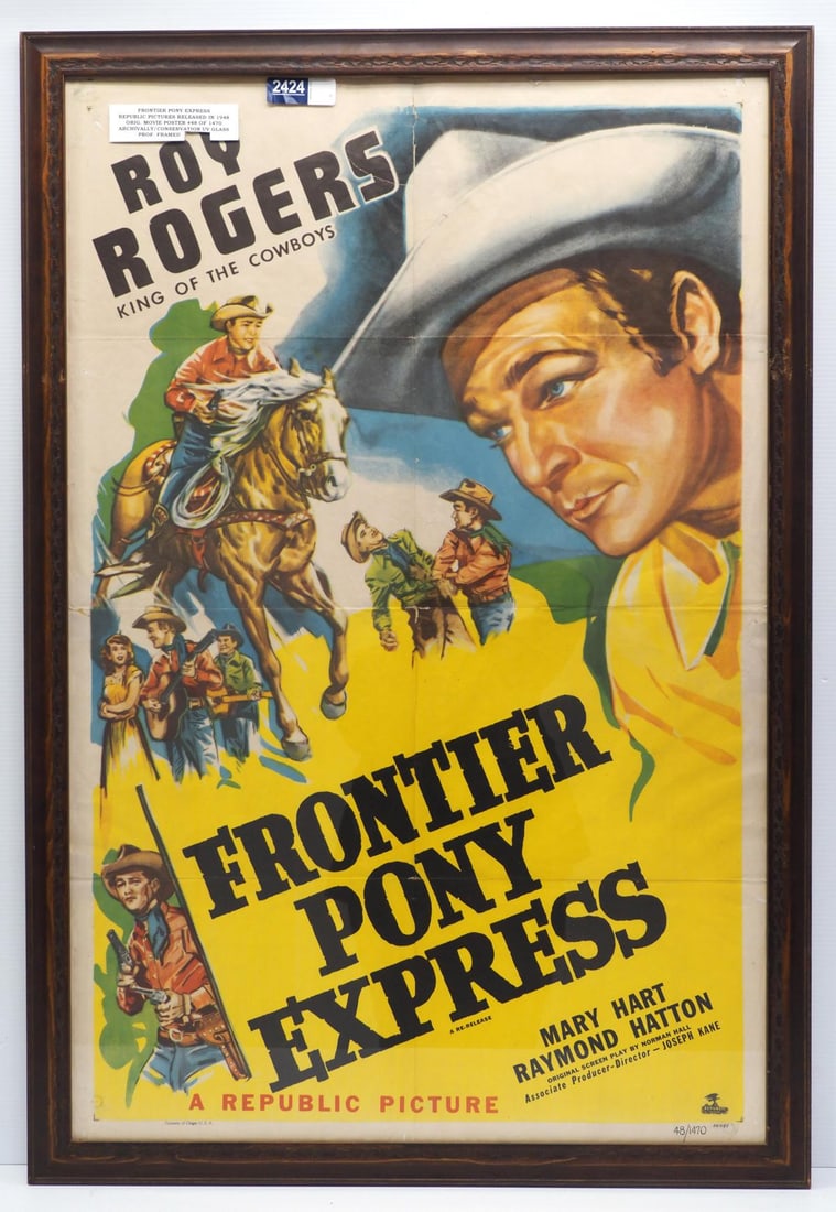 Roy Rogers "Frontier Pony Express" movie poster: Roy Rogers "Frontier Pony Express" original movie poster, print No. 48 of 1470, released by Republic Pictures in 1948, frame measures 30"x44"