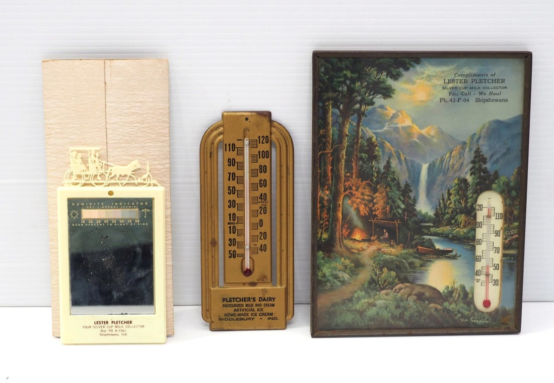 (2) Local Pletcher items: (2) Local Pletcher items: Lester Pletcher Milk Collector adv. mirror, Shipshewana / Lester Pletcher thermometer, Shipshewana / Pletcher's Dairy, Middlebury