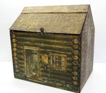Tin Johns's Peacemaker Coffee bin: Tin Johns's Peacemaker Coffee bin shaped like a log cabin, 24"x18"x25"H - missing chimney, otherwise Good