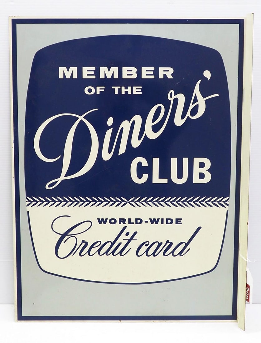 Diners' Club Credit Card sign: 19"x24" DST flanged Diners' Club Credit Card sign, NOS with original box - Very Good, box is rough