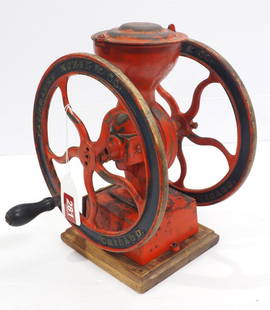 Fairbanks & Morse table-top coffee grinder: Fairbanks & Morse table-top coffee grinder, patent Dec.'87, 12"H, wheel 9.5"dia.