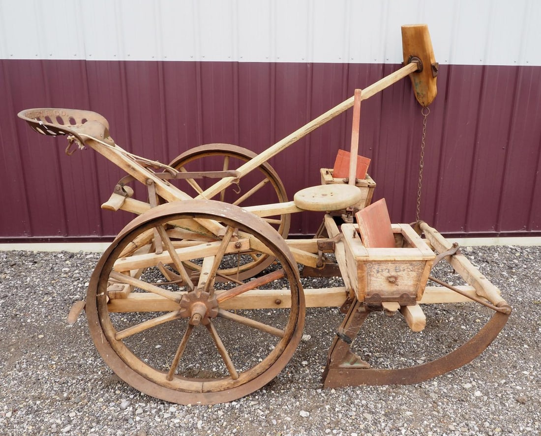 horse-drawn 2-person planter: Very primitive horse-drawn 2-person planter with James Selby & Co. cast iron seat * * WILL NOT SHIP