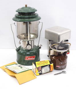 Coleman lantern, stove, and funnel: Coleman Model 220F195 gas lantern with box / Coleman Peak1 camp stove / Coleman filter funnel - All Excellent