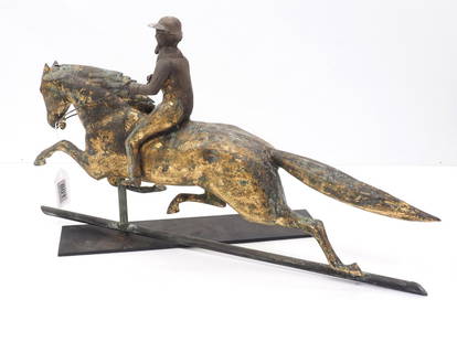 Copper full-body horse & rider weathervane: Early gilded copper full-body horse & rider weathervane, RARE! 27"L overall * * This lot will be delivered to the UPS Store for professional packing and shipping
