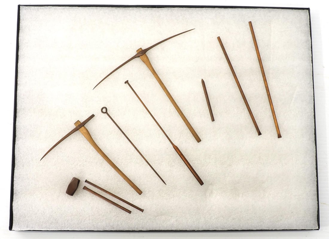 Collection of miniature miner tools: Collection of miniature miner tools, wood & brass
