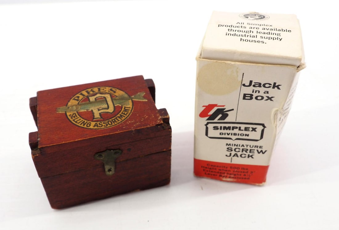 (2) Salesman samples: 3"H Simplex salesman sample Screw Jack in box and 2"x1.5" salesman sample Pikes Sharpening Stone in wooden box with label