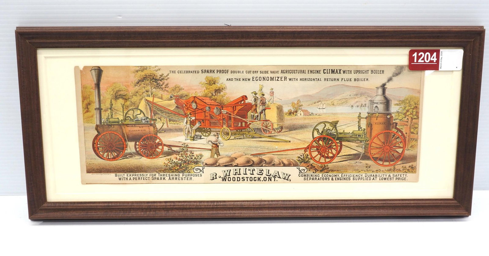 R. Whitlaw tractor framed paper litho: 17"x6" framed paper R. Whitlaw Spark Proof Agricultural Engine Climax and Economizer tractor litho - Has corner wear otherwise good