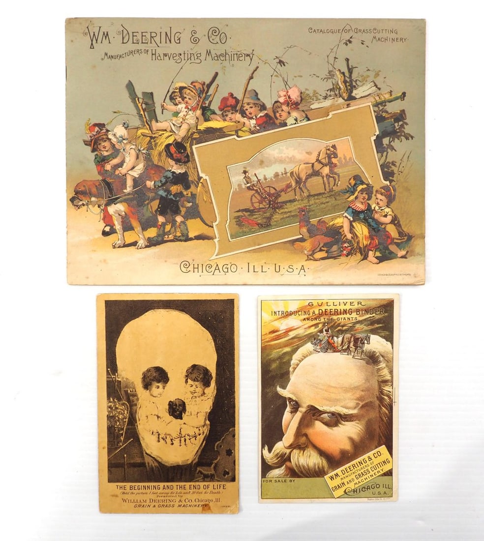 (3) WM Deering & Co pieces: WM Deering Co. 29-page catalog of grass cutting machinery, WM Deering Co. Gulliver introducing a Deering Binder Among the Giants trade card, and WM Deering Co. The Skull The Beginning and the End of L