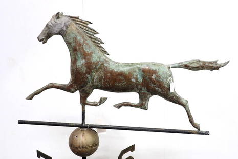 Running horse weathervane with directional: Ethan Allen 31"L copper running horse weathervane with zinc head and cast iron directional - Good * * WILL NOT SHIP