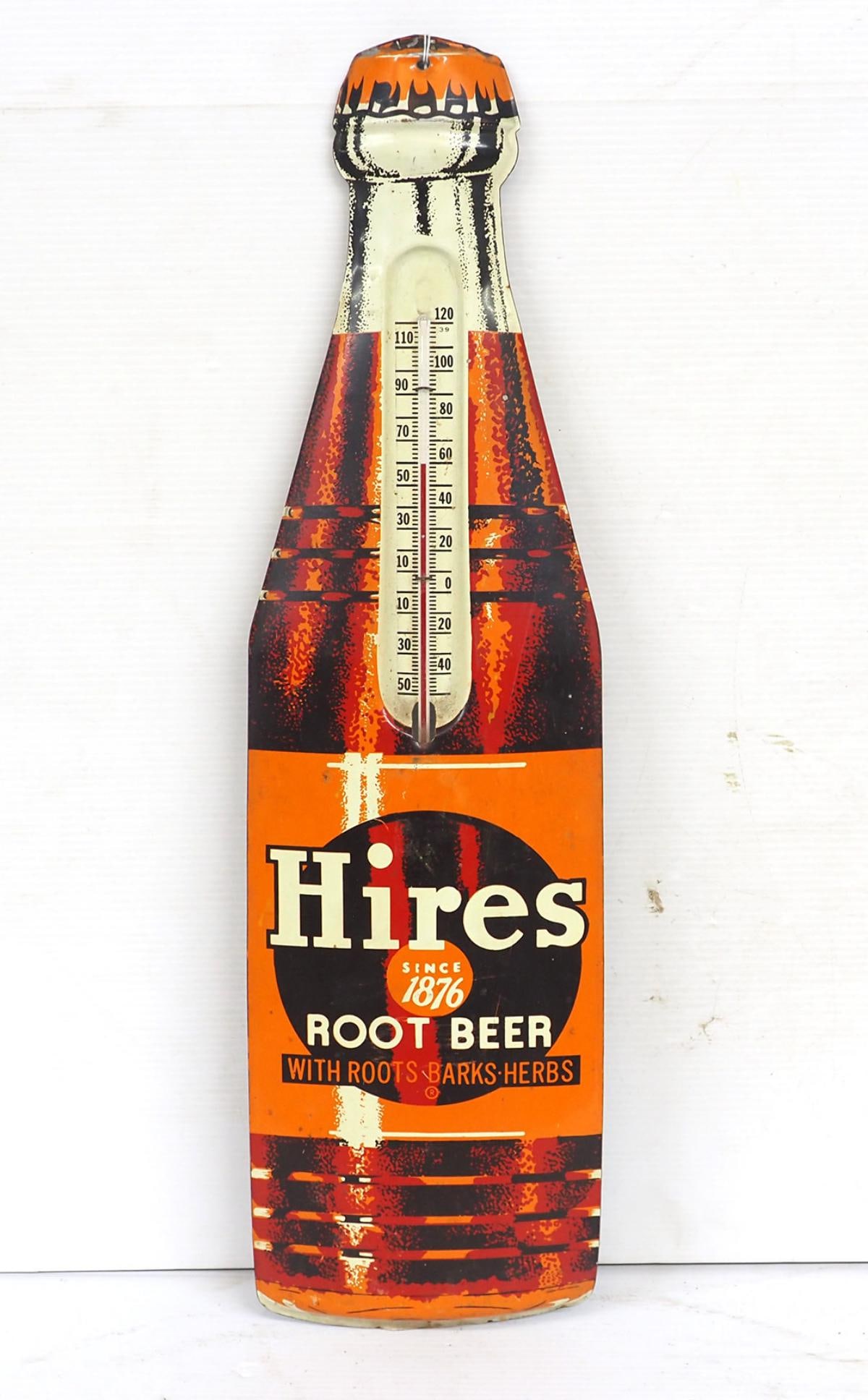 Hire's Root Beer thermometer: 8"x28" bottle-shaped Hire's Root Beer thermometer -Very Good ***These items are not located at the Chupp Auctions facility and will not be available for preview until April 1. As a result, some questi