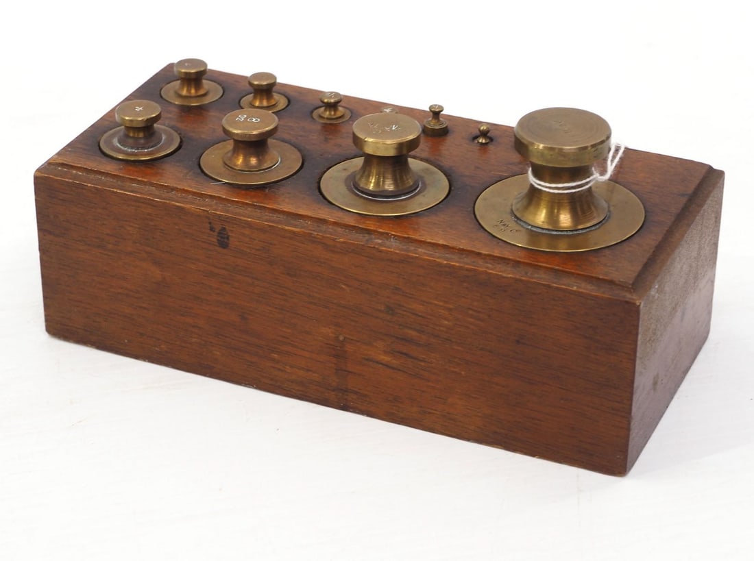 11-pc. brass Newark scale weights (1 of 3)