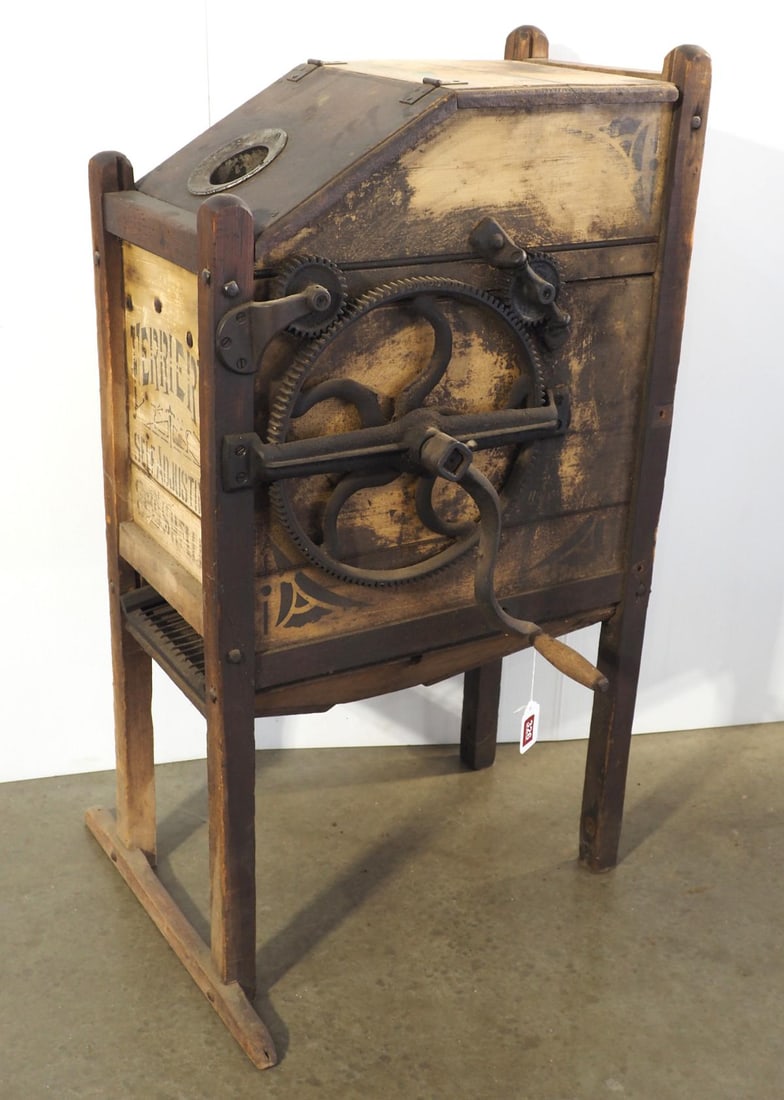Wooden floor model hand-crank corn sheller: Wooden floor model Ferrier's Improved hand-crank corn sheller with lots of great stenciling! - * * *BUYER TO ARRANGE SHIPPING ***These items are not located at the Chupp Auctions facility and will not