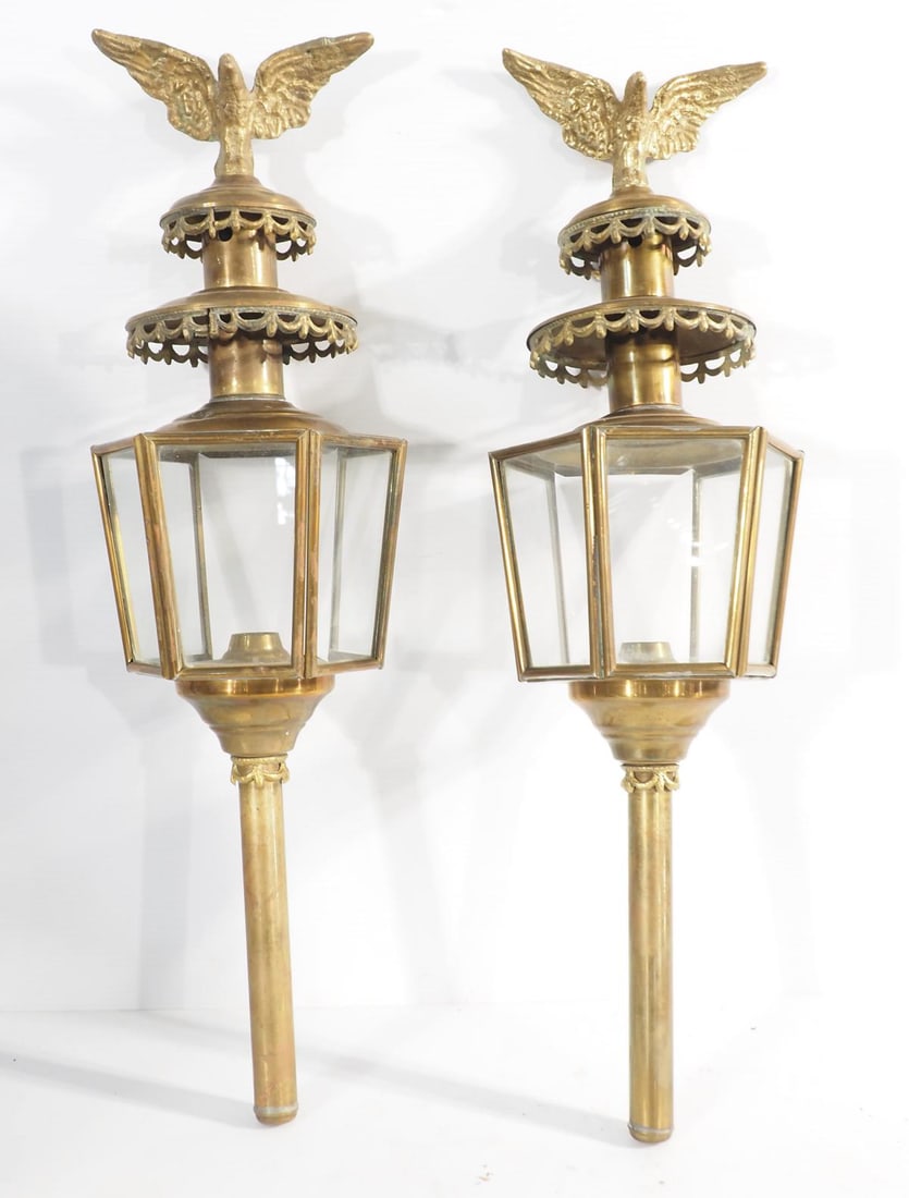 Pair of brass carriage lamps with eagle toppers (1 of 6)
