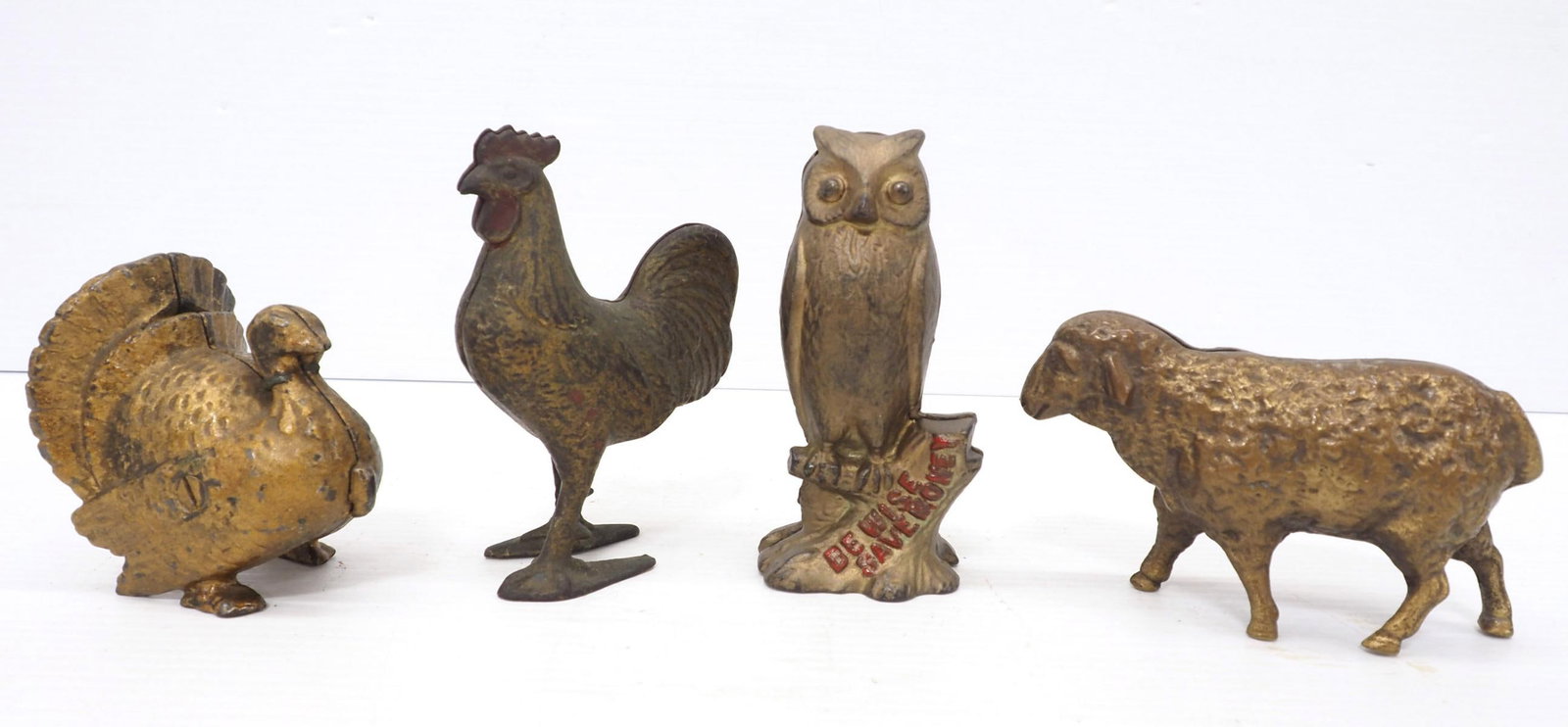 Cast iron rooster, owl, turkey, and sheep banks: Cast iron rooster, owl, turkey, and sheep banks - Good