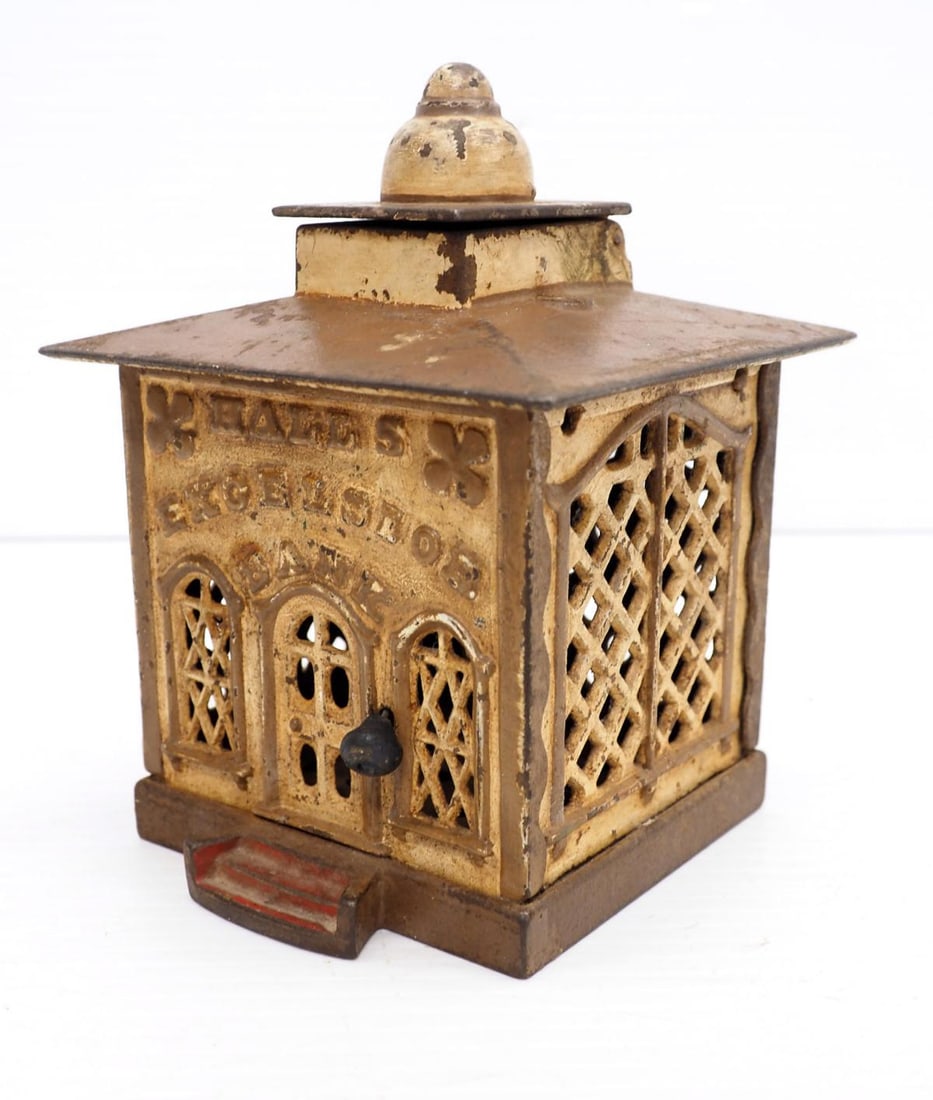Hall's Excelsior Cast Iron Mechanical Bank 1869: 6" tall Hall's Excelsior First Patented Mechanical Bank 1869