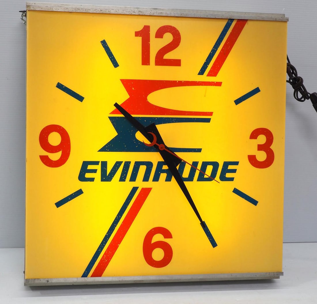 Evinrude lighted clock: 24"x26" tin & plastic Evinrude lighted clock - Good, works