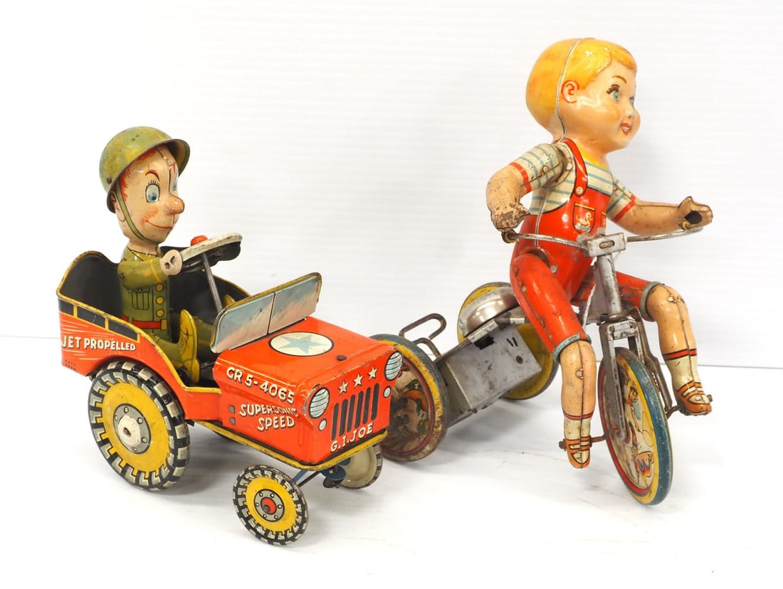 (2) Wind-up toys: Unique Art wind-up G.I. Joe Jouncing Jeep and Unique wind-up Kiddy Cyclist - G.I. Joe - Good, works; Kiddy Cyclist - Fair, does not work