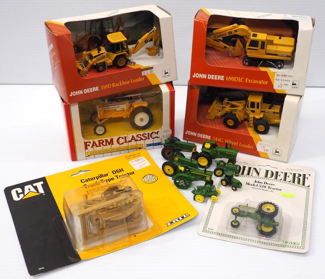 Assorted Miniature Tractor Toys: Assorted Miniature Tractor Toys: John Deere Backhoe, Excavator & Wheel Loader -NIB / Minneapolis Moline 6750 -NIB / Caterpillar Tractor in blister pack / small JD tractors