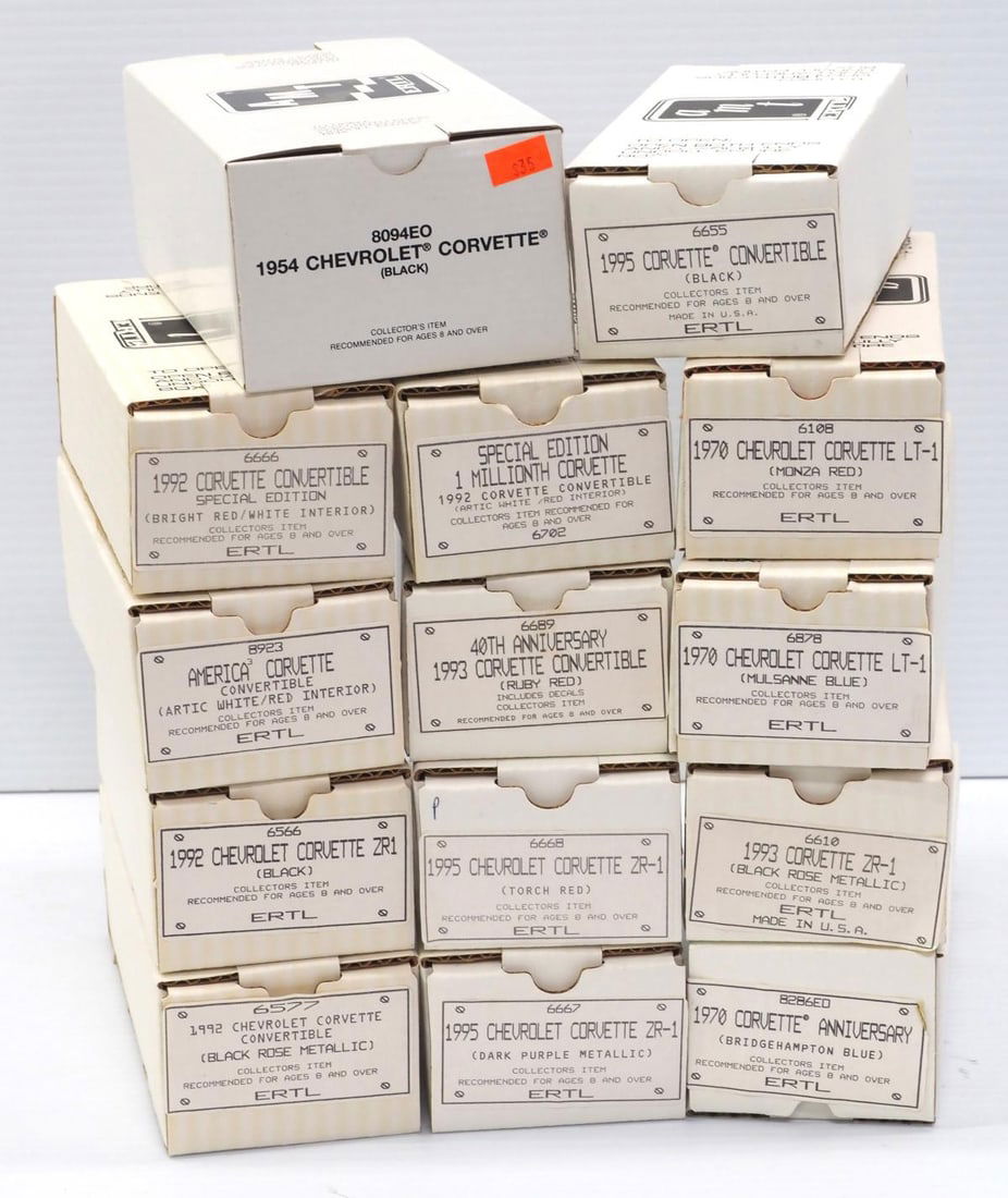 (14) AMT Promo Car Corvettes: (14) Ertl AMT Promo Car Corvettes in original boxes: 1954 / America Convertible / (4) 1992 / (2) 1993 / (3) 1995 / (3) 1970 - NIB