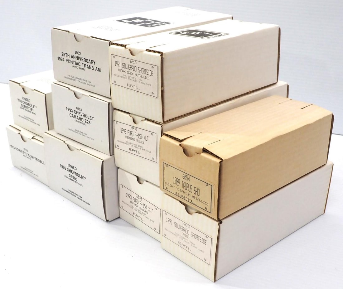 (10) AMT Promo Cars/Trucks: (10) Ertl AMT Promo Cars/Trucks in original boxes: 1953 Corvette Convertible / 1982 Corvette / 1989 Taurus / (2) Silverado Sportside / 1992 Ford F150 XLT / 1993 Ford F150 XLT / 1993 Camaro Z28 / 1994