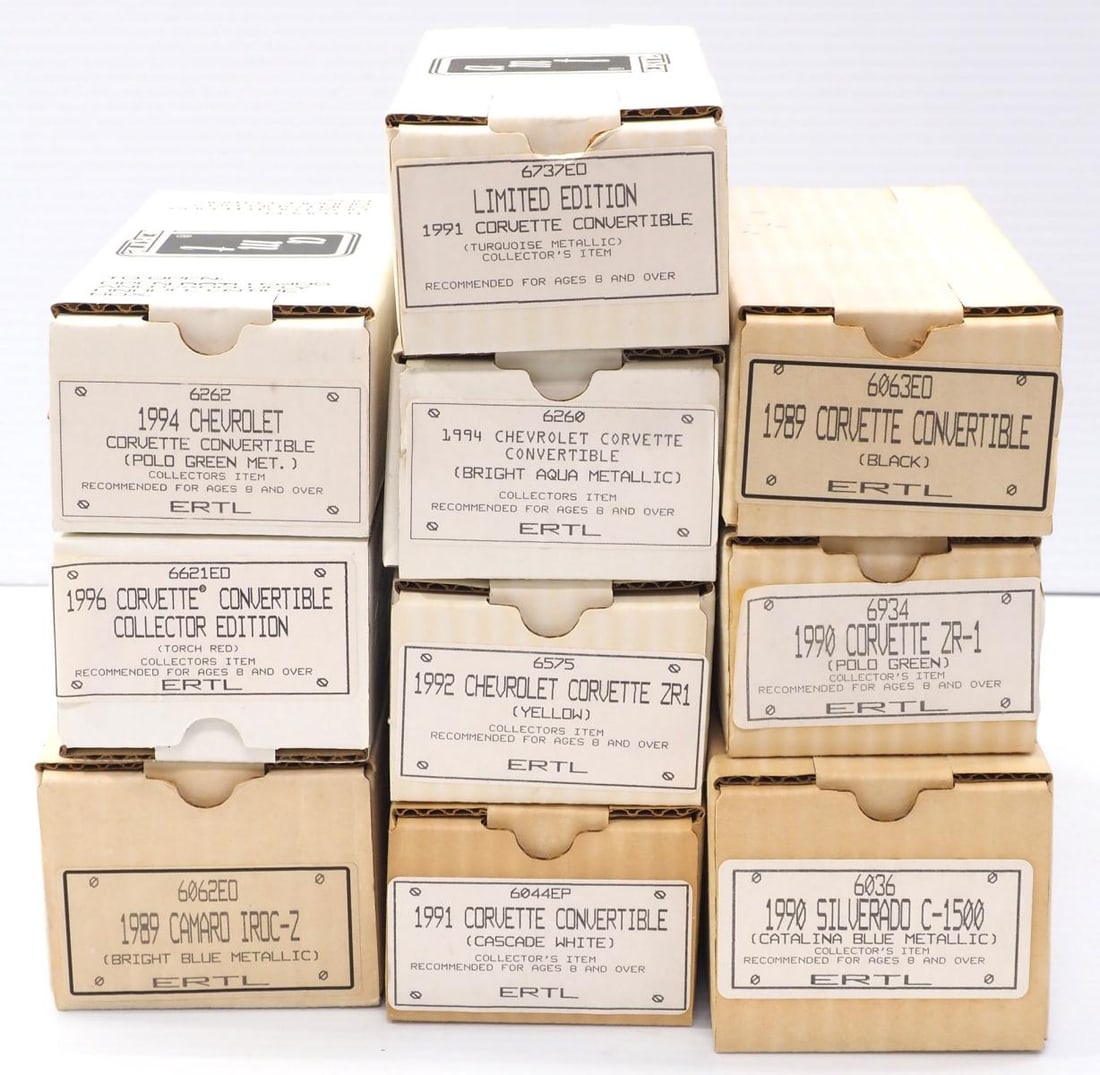 (10) Ertl AMT Promo Cars: (10) Ertl AMT Promo Cars in original boxes: 1989 Corvette / 1989 Iroc-Z / 1990 Silverado C1500 / 1990 Corvette / (2) 1991 Corvette / 1992 Corvette / (2) 1994 Corvette / 1996 Corvette - all NIB