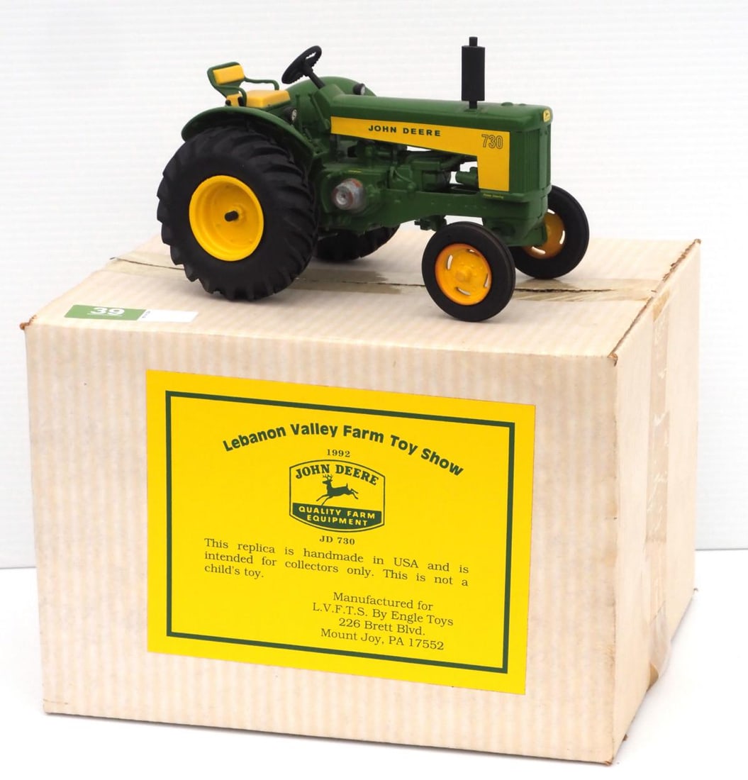 1/16 scale John Deere 730 Tractor: 1/16 scale John Deere 730 Tractor by Engle Toys with box, 1992 Lebanon Valley Farm Toy Show - Very Good