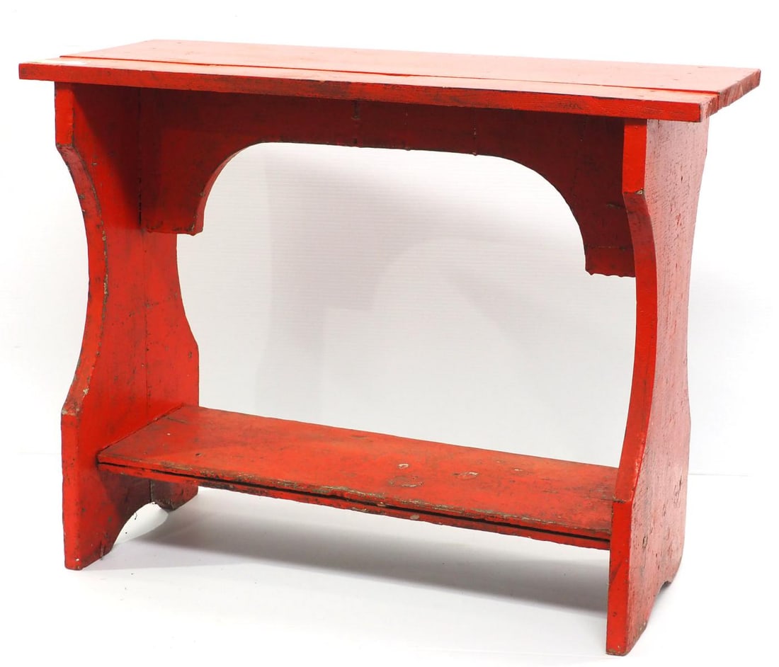 Primitive wooden bucket bench: Primitive wooden bucket bench with bright red paint, 30.5"x13"x23.5"H - * * BUYER TO ARRANGE SHIPPING
