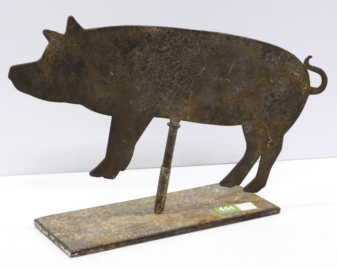 Pig-shaped metal weathervane: Pig-shaped metal weathervane on stand, pig measures 19.5"x9.5"H