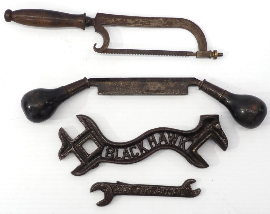 (4) Tools: (4) Tools: Black Hawk cut-out wrench / small draw knife / small hack saw / Mann Bone Cutter cast iron wrench