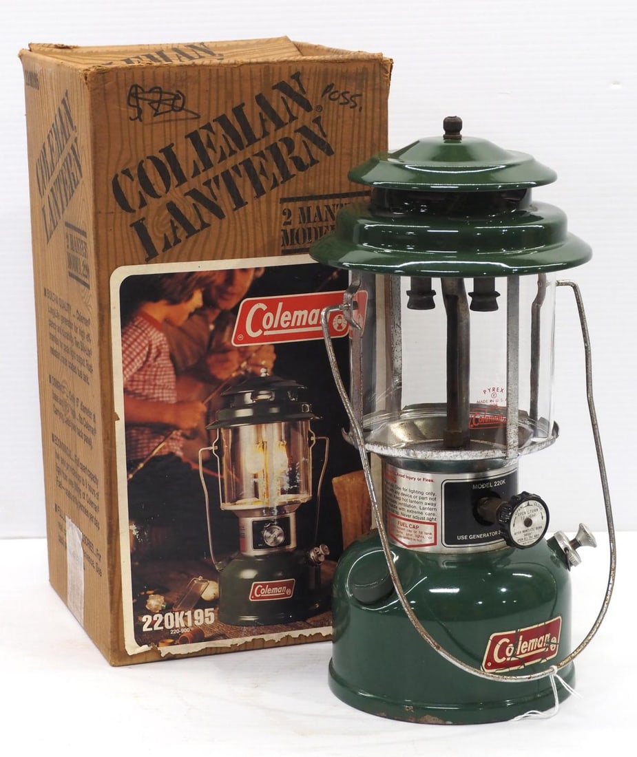 Coleman Model 220K 2-mantle lantern: Coleman Model 220K 2-mantle lantern with original box, dated 5-82 - Excellent, box is Good * * This lot will be delivered to the UPS Store for professional packing and shipping.