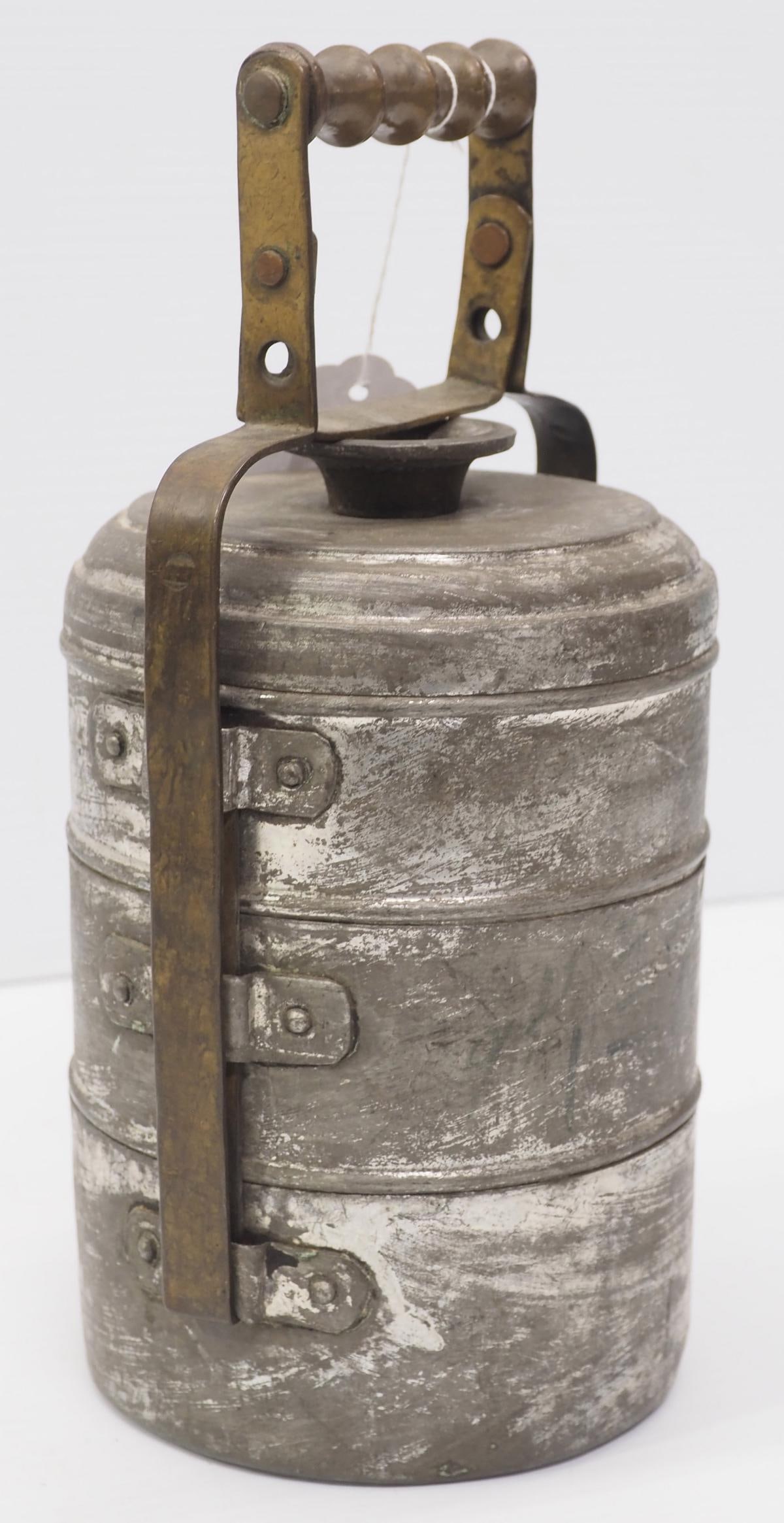 Unusual tin lunch bucket: Unusual tin lunch bucket with brass handle