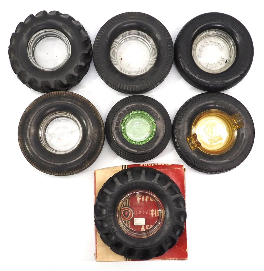 (7) Tire ash trays: (7) Tire ash trays: (4) Firestone / (1) General / (1) Goodrich / (1) Firestone with box