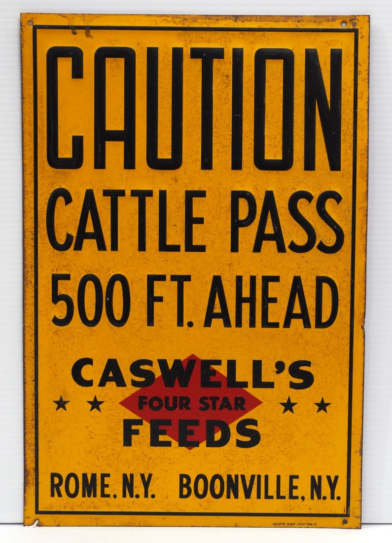 Caution Cattle Pass, Caswell's Four Star Feeds sign (1 of 3)