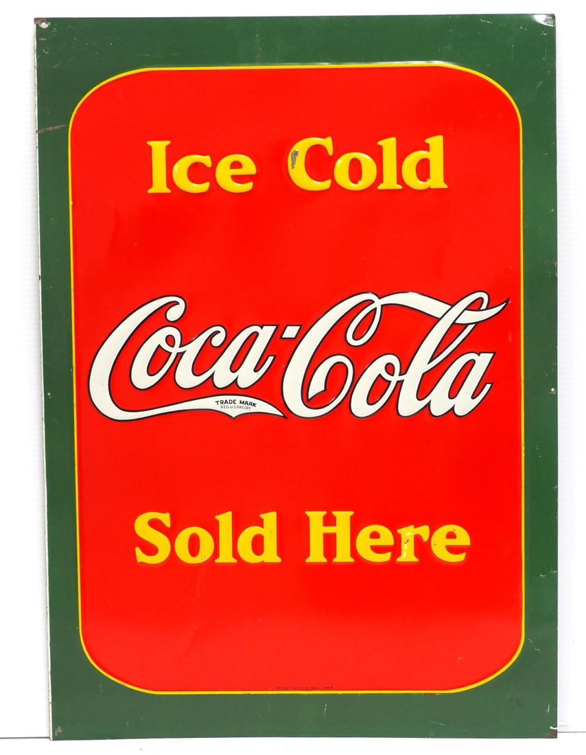 Ice Cold Coca Cola Sold Here sign: 20"x28" SST embossed Ice Cold Coca Cola Sold Here sign, marked 1938 WFR - Good with some paint chips