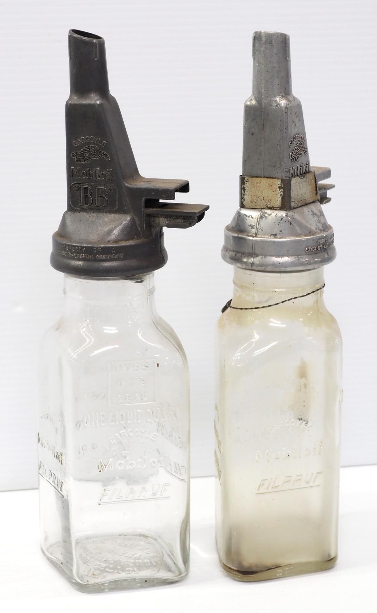 (2) 1-quart glass Mobiloil Filpruf oil bottles (1 of 4)