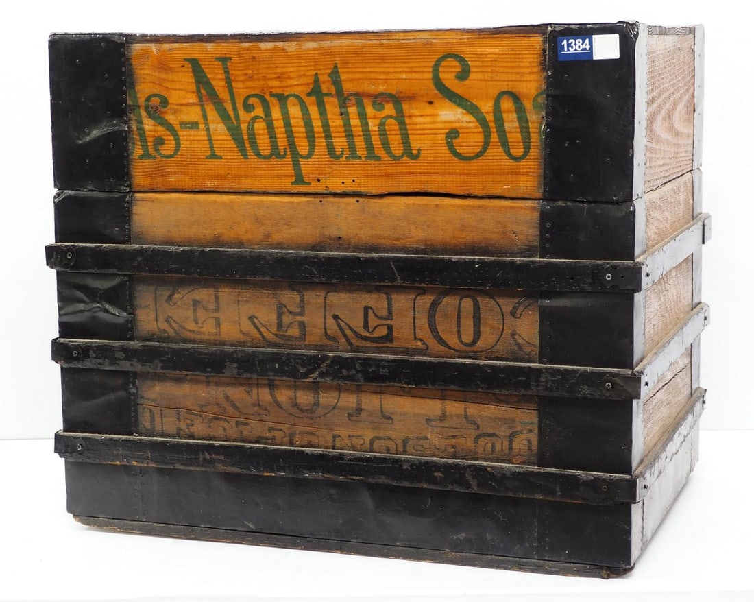 Wooden trunk made from old shipping boxes: Wooden trunk made from old shipping boxes including Fels-Naptha Soap, Lion Coffee & Woolson Spice Co, 29"x20"x24"H - * * BUYER TO ARRANGE PICK-UP