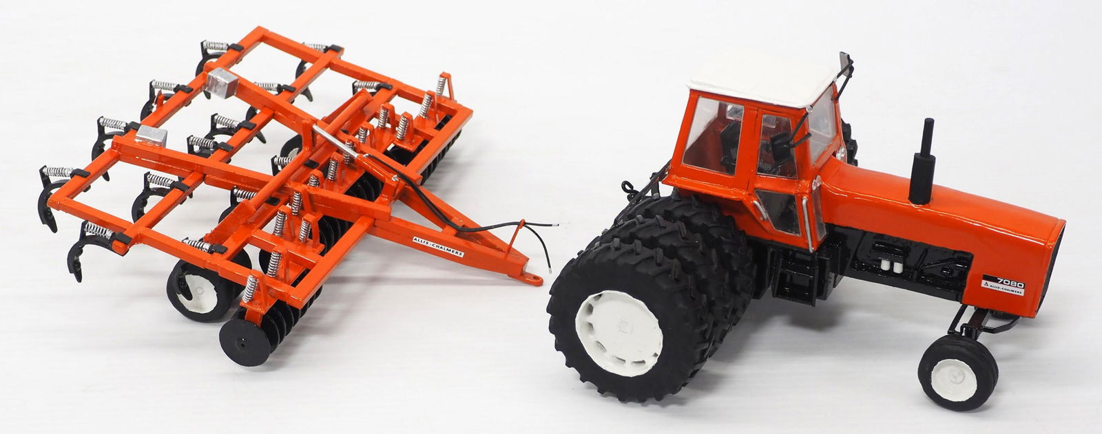 Custom Allis Chalmers 7080 Tractor: Approx 1:24 scale custom Allis Chalmers 7080 Tractor with Triples & Cab and Chisel Ripper, all custom made of WOOD (even the tires!) made by a local 14-yr old boy!! WOW! - This lot will be delivered t