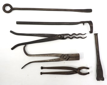 (3) Tongs, (2) forge tools & log marking tool