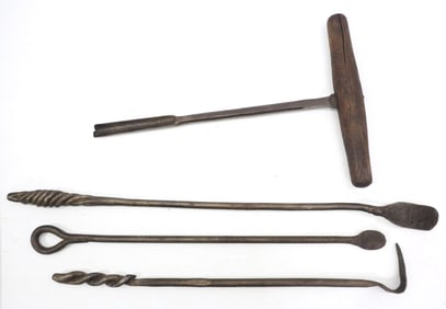 (2) Forge tools, hand-forged hand drill, fire tender